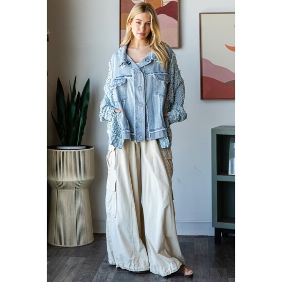 Oli & Hali Washed Contrast Sleeve Denim Button Down Jacket NWOT Size Medium - Picture 7 of 9